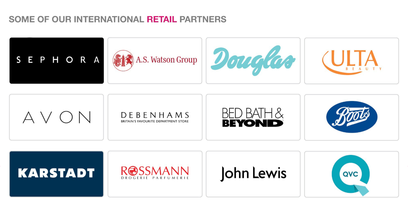 Retail partner logos including Sephora, Ulta Beauty, Douglas, Boots and John Lewis